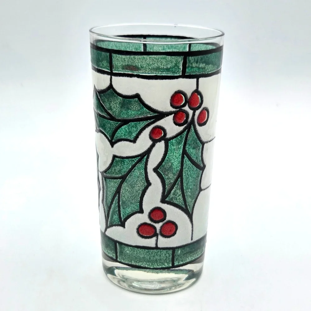 West Virginia Snowy Holly Berry Stained Glass Tumblers Lot of 7 Holiday 12oz